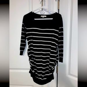 Motherhood Maternity Size Large black sweater w/cream & gray stripes 3/4 sleeve